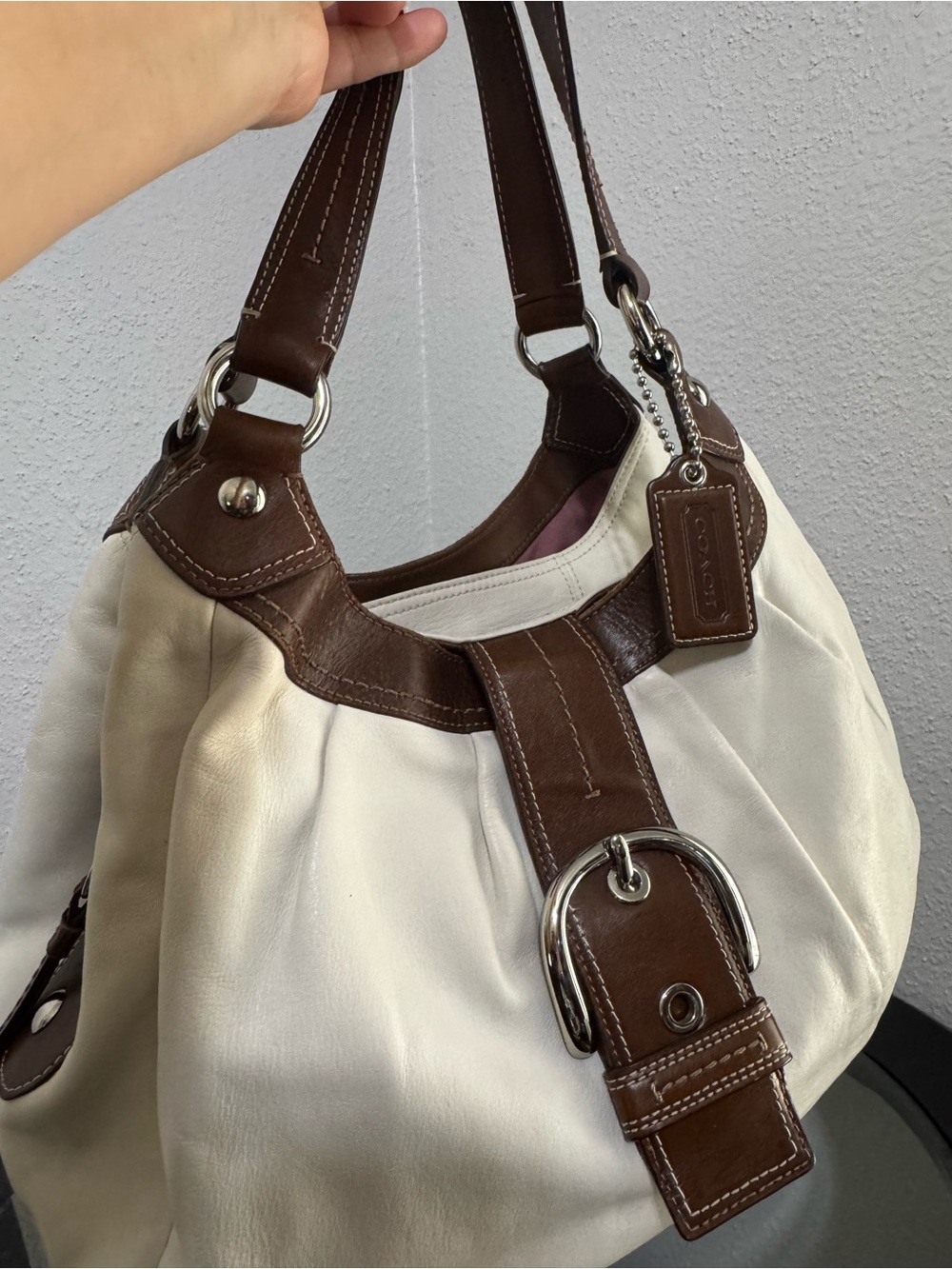 Coach Lynn Cream Leather Shoulder Bag with Brown Trim